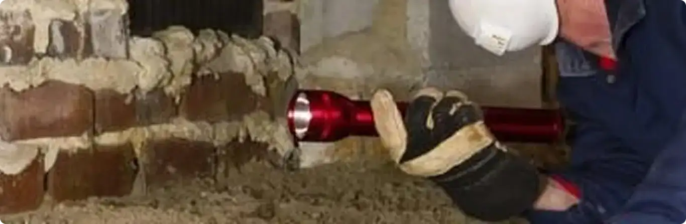 Pest control technician inspecting a crawl space for ant activity in Emeryville, CA