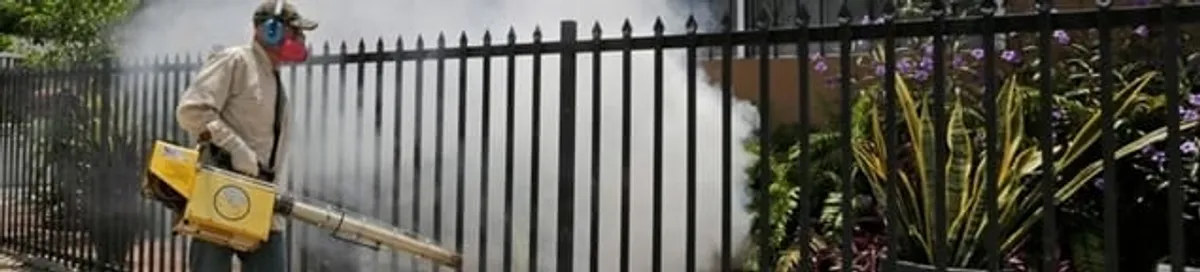 Mosquito control technician fogging a yard perimeter for mosquito reduction in San Francisco, CA